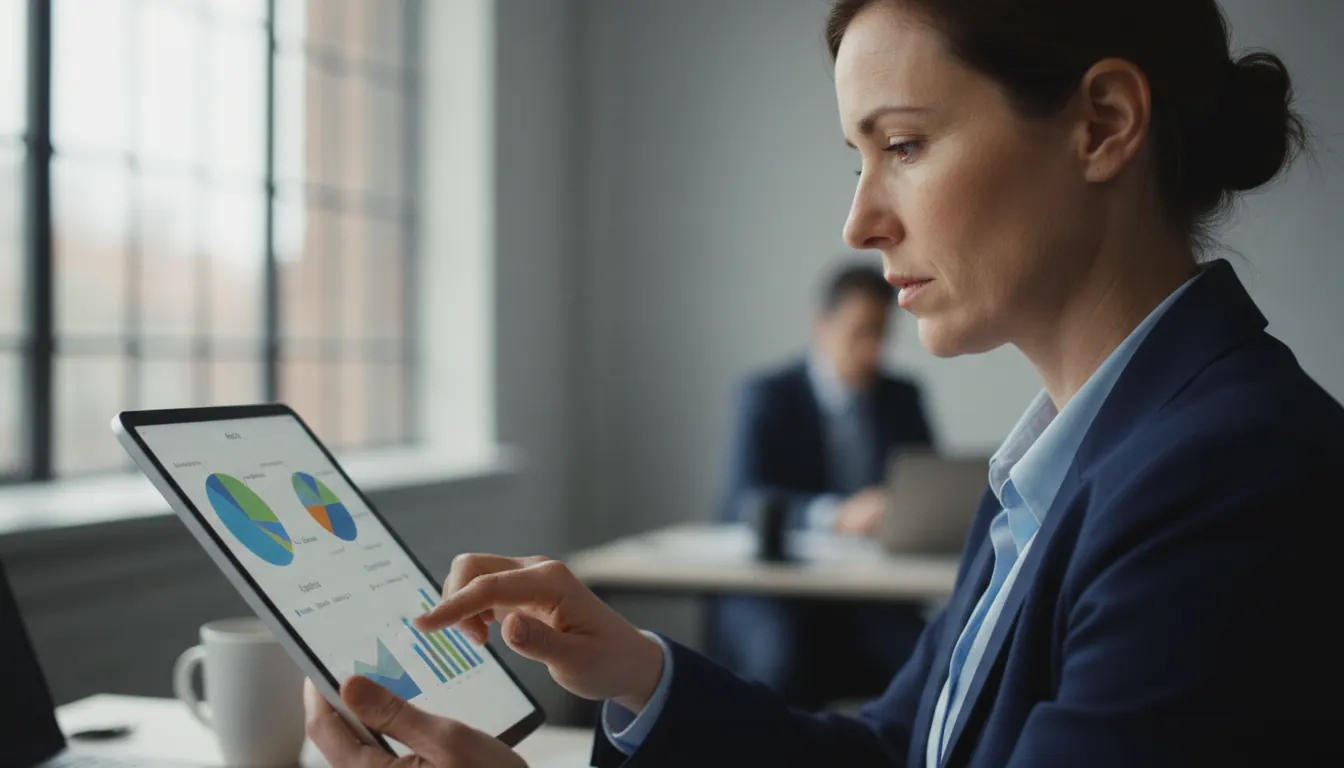 Financial analyst examining asset class allocation charts on tablet