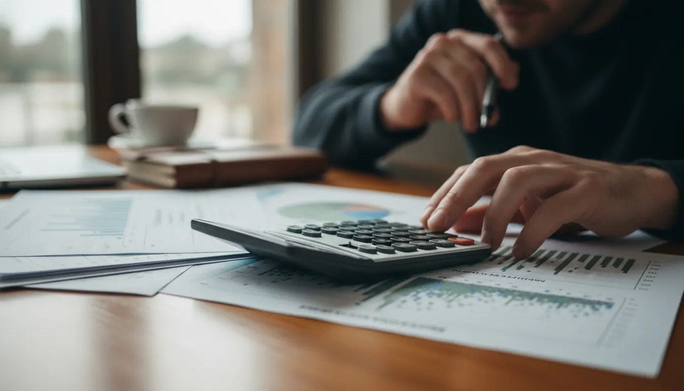 Financial calculator and probability charts on desk
